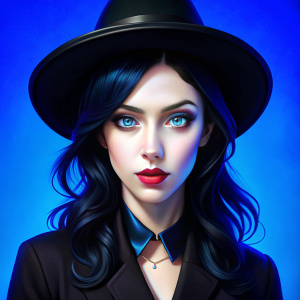 Mujer cabello negro ojos azules vestida de negro con una gorra puesta