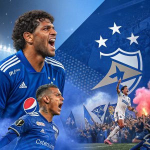 Collage digital con elementos de fútbol centrado en Millonarios FC. Tema vibrante y fuerte de fútbol con colores vivos.