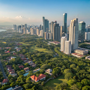 Bird's eye view of bustling Makati city. Skyscrapers towering over residential homes. Lush green spaces dotting the urban sprawl. Clear blue sky, teeming with modern architectural marvels.