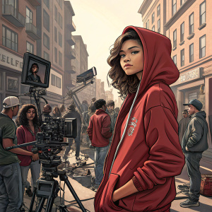 Zendaya on a bustling film set. Wearing a casual red hoodie. Surrounded by production crew and equipment. She has a focused look on her face.