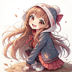 A charcoal sketch of an anime-inspired girl with long, flowing hair. She's in a playful pose, wide-eyed and smiling. The background is minimal, focusing on the intricate details of her facial features and clothing.