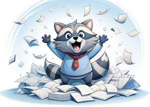 In this image, you can see a joyful raccoon sitting in a pile of scattered papers. He looks happy and open-mouthed, expressing joy or delight. The raccoon is holding business papers in his hand, perhaps looking at them or holding them out to the camera. This scene gives the impression that the raccoon is engaged in something fun or interesting, perhaps having fun looking at or playing with the papers.