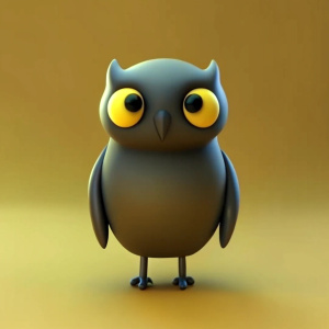 minimalism whole black body owl is standing on 2 legs with big yellow eyes and very small black pupils
