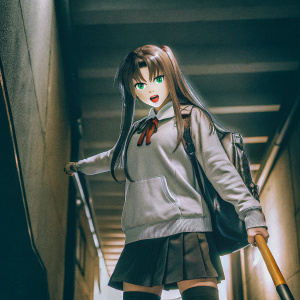 Rin Tohsaka, anime character, standing in a dynamic pose. Wearing a casual school uniform. Green eyes, long brown hair. Dark blue background