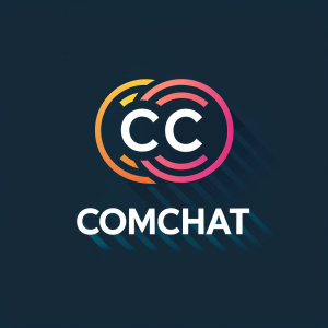 Modern sleek design for ComChat logo. Stylized 'CC' initials with 'ComChat' below in bold, minimalist font. Dark background with vibrant color accents. Trademark symbol included.