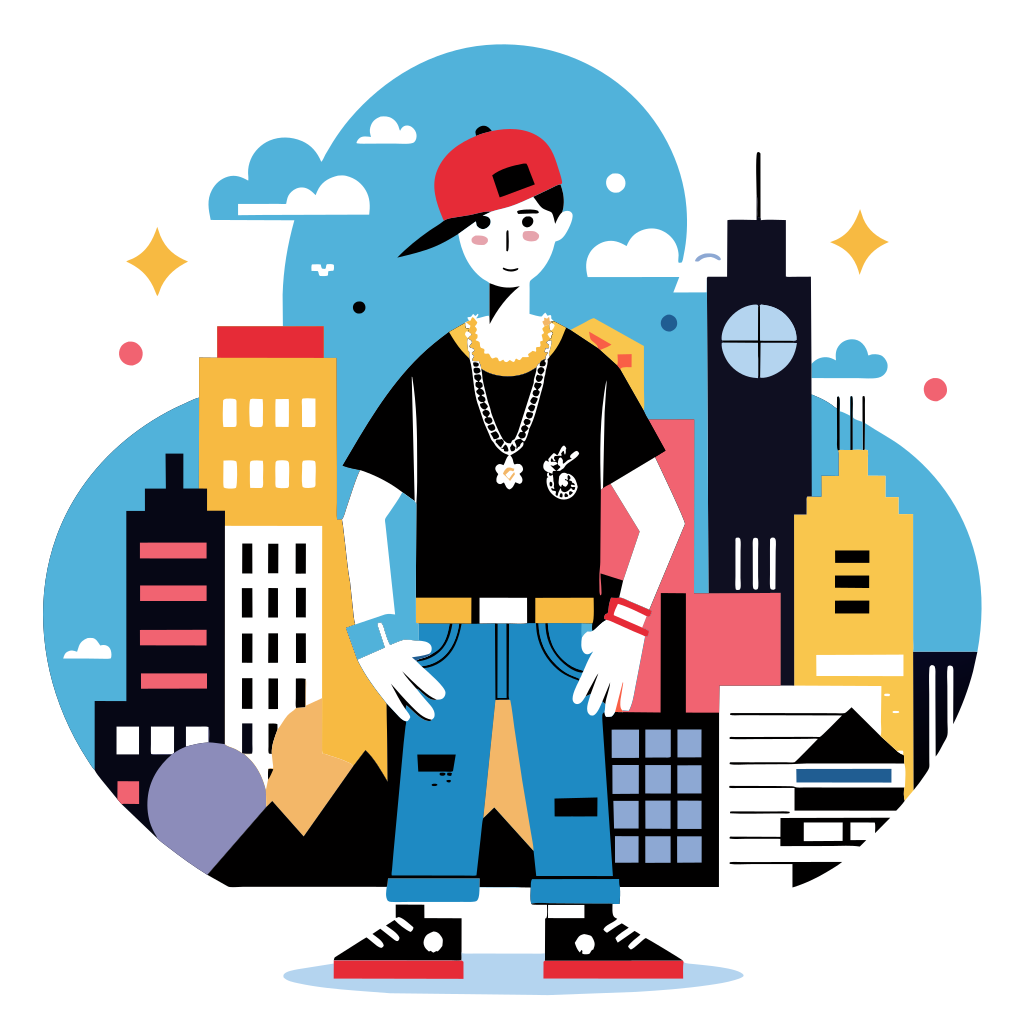 Craft a hand drawn illustration of a stylish urban scene complete with