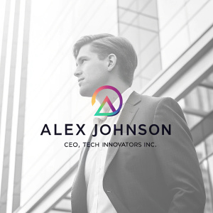 Professional business card for Alex Johnson, CEO of Tech Innovators Inc. Modern and sleek design with gradient colors and minimalist logo.