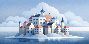 White illustration, Rene magritte style, isolated surrealistic collage of a lot of historical Czech houses on island, huge ocean and sky, white, light pastel colors, zoom out view, grainy texturing paper