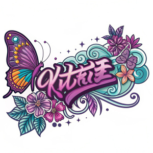 A creative logo blending anime and manga aesthetics. Vibrant purple graffiti script intertwines with a colorful butterfly. Intricate patterns and dynamic shapes dominate the design, showcasing a playful and artistic style with a focus on vivid colors.