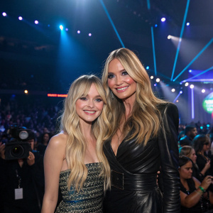 Dove Cameron and Heidi Klum on a brightly lit stage. Crowded event with flashing cameras.