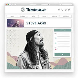 Web browser capture featuring a booking page for Steve Aoki concert. Ticketmaster site layout. Neutral colors and graphic design. Multiple languages supported.