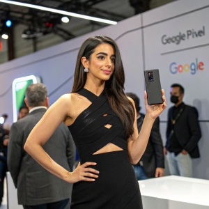 Emeraude Toubia standing at a tech conference, showcasing Google Pixel 6. She wears a black, sleeveless dress with an intricate cutout design. Long straight hair and subtle makeup.