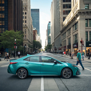 Teal Toyota Corolla Altis in a bustling city street scene, surrounded by tall buildings and pedestrians.