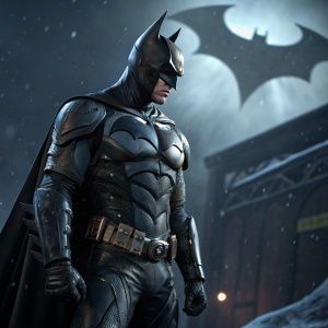 High-definition render of Batman from Arkham Origins, striking a powerful pose. Dark, moody backdrop highlighting the intricate bat emblem and muscle definition on the sleek suit.