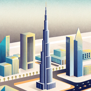 Aerial view of downtown Dubai, UAE, showcasing the towering Burj Khalifa. Surrounding skyscrapers and bustling streets create a dynamic cityscape.