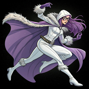 A superheroine in a dynamic pose. She wears a sleek white outfit with fur trim and a flowing purple cloak. Her long hair with purple streaks frames a determined face. The stark black background highlights the vibrant comic book art.