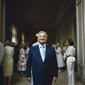 George Soros at a charity gala. Wearing a navy suit and light blue tie. Crowd of people in the background