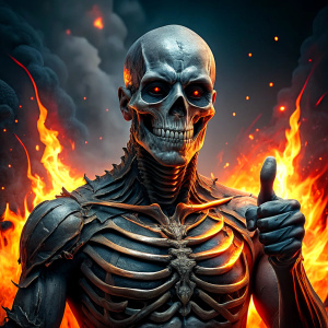 The burned skeleton shows a "thumbs up" symbol