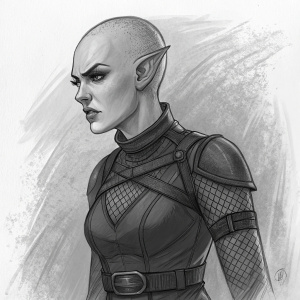 Concept art of a female elf warrior. Bald head, pointed ears, fierce look. Dark bodysuit with mesh detailing, adorned with a belt. Charcoal sketch, rough edges.