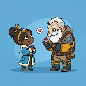Digital artwork featuring Overwatch characters Ana and Reinhardt. Simple, flat blue background. Cartoon style with bold outlines and limited color palette. Ana, a woman with dark skin, and Reinhardt, an older man with a white beard, interact.