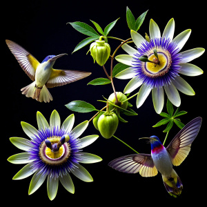 dark background passionflower some on white and hummingbirds