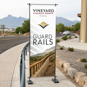 Digital flyer for Vineyard Church North Phoenix. 'Guard Rails' theme. Pictorial guardrail. Service times, website link, and logo
