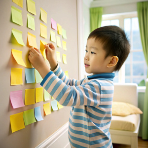 Niño chino de 4 años organizándose con post it en una pared de su cuarto