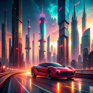 A red cyberpunk-style car is driving along the highway around the city, around tall and modern buildings, glowing objects, as if the year is 2070