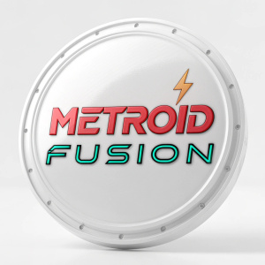 Digital artwork showcasing the Metroid Fusion logo. The design features a sleek, modern style with a bold lightning bolt icon. The words 'Metroid Fusion' are prominently displayed in a futuristic font against a crisp, white backdrop.