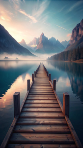 close-up of a wooden bridge over smooth water, beautiful mountains ahead, dreamy atmosphere
