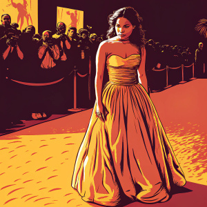 Vanessa Hudgens, at the premiere of 'Journey 2: The Mysterious Island'. She's dressed in a strapless yellow gown with a flowing skirt. The background showcases the film's poster and red carpet crowd.
