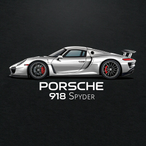Modern, sleek graphic design for Porsche 918 Spyder. Black background. Porsche logo prominently displayed at the top. Below, Porsche 918 Spyder in white, elegant font.