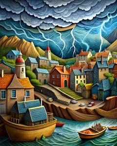 Cullen harbour in Moray with boats,stormy,3D,cut paper sculpture diorama,wide angle