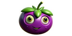 can you draw me a picture of a purple tomato with eyes, nose, mouth and eyes?