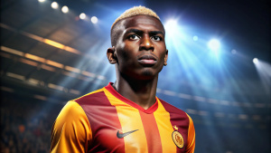 Generate a realistic 4k image of Victor Osimhen wearing Galatasaray jersey 