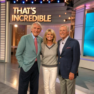 Fran Tarkenton and John Davidson in suits, alongside Cathy Lee Crosby in casual wear. They're on a talk show set, featuring 'That's Incredible'.