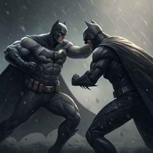 Two muscular Batman figures in an intense fight scene. Dark, sleek design highlighting muscles and motion. Background is dim and gray, focusing on action.