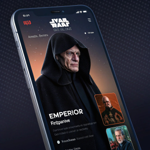 Dark themed Star Wars app interface featuring Emperor Palpatine in a menacing pose. Character profile and related media from the Star Wars universe are prominently displayed. Screens have a gradient background with a digital texture, resembling smartphone displays.
