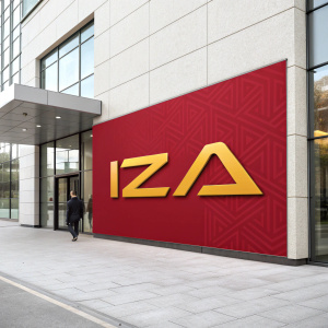 A sleek, modern logo for IZA, featuring a bold, contemporary design in a vibrant red with golden-yellow text.