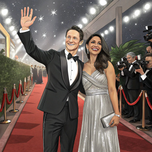 Jonathan Tucker and Tara Ahamed Tucker at the gala. Jonathan in black tuxedo, Tara in a shimmering silver dress. They are smiling and waving. Red carpet setting with flashing cameras.