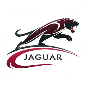 Dynamic logo design for Jaguar brand. Central element features sleek, modern interpretation of a jaguar's claw. Brand name in bold, contemporary font. Dark red and black color scheme against white background.