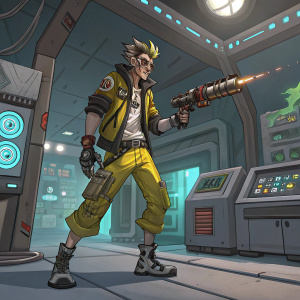 Junkrat from Overwatch, standing in a futuristic lab with high-tech equipment. Wearing his signature jacket and wielding his Scrap Gun.