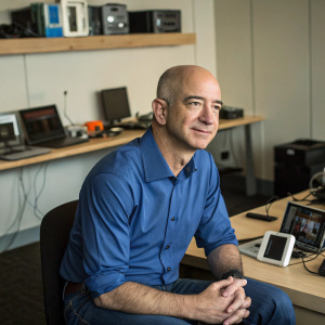 Jeff Bezos, Amazon founder, in a casual setting. Office desk with various tech gadgets. Hands folded in front of him, wearing blue shirt.