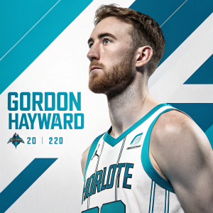 Promotional poster for Gordon Hayward. Wearing Charlotte Hornets jersey, serious face. Blue and white color background, modern design.