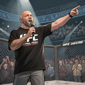 Dana White, UFC Commissioner, center stage at UFC 128. March 19 event. Live pay-per-view broadcast. Wearing a black t-shirt with UFC logo, gesturing dynamically at the podium with microphone.