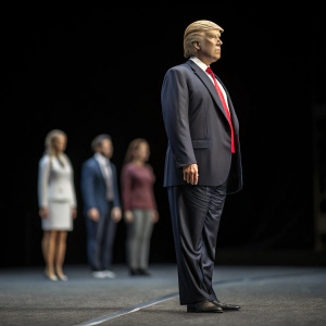 A detailed 3D model of Donald Trump. Dark background with blurred figures standing behind