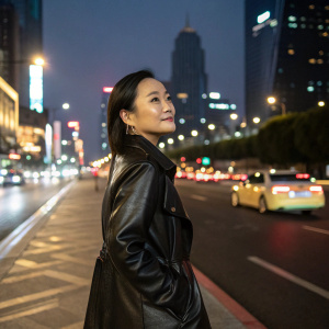 Vicki Zhao, Chinese actress, wearing a black leather jacket, standing on a busy city street at night.