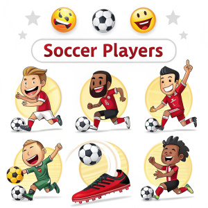 Emojis featuring soccer players in a grid on a white background. Each emoji has a bold design with player elements and red text.