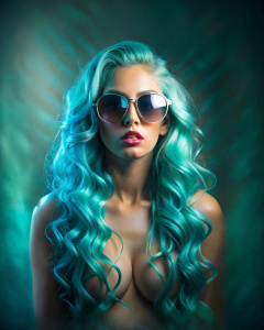 Sunglasses with Cleavage, tumblr, fashion design, long curl Cyan hair, Illuminated, Streak, Sixy