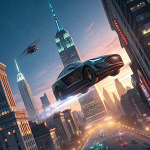Promotional poster for Marvel Studios' Airdrop. A sleek flying car soaring through a vibrant city skyline. Dynamic, clear visual style.